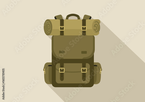 Vintage hiking backpack with a rolled mat for camping and travel. Flat design vector illustration for adventure and exploration concepts.