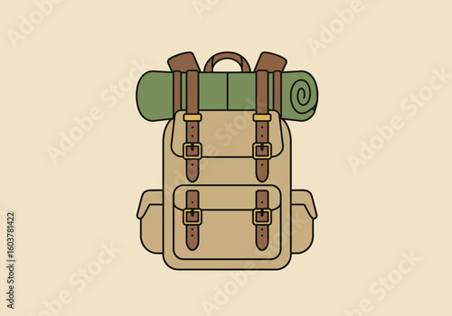 A classic hiking backpack with a rolled sleeping mat, symbolizing adventure, travel, and exploration. Minimalist line art illustration.