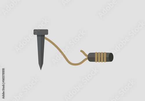 Minimalist graphic icon of a metal stake with an attached cord, representing a secure anchor point, connection, and a simple hardware tool.
