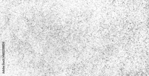Black Halftone Texture On White Background. Modern Dotted Futuristic Backdrop. Fade Noise Overlay. Digitally Generated Image. Pop Art Style. Vector Illustration, Eps 10.