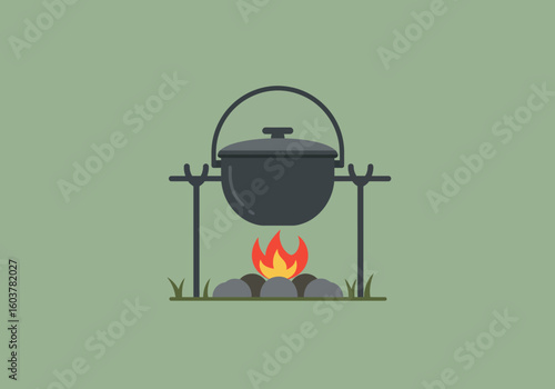 A simple flat illustration of a cooking pot hanging over a campfire. Concept for outdoor adventure, food, and rustic camping lifestyle.