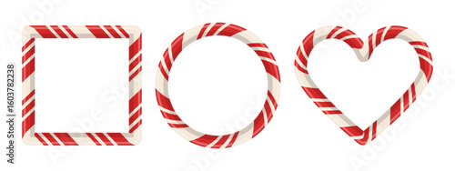 Candy cane frame set with red stripe pattern for xmas card or holiday photo. 3D border design with sweet oval, heart and rectangle shape. Vector banner.