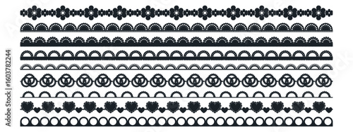 Lace border with scallop edge for traditional trim and vintage pattern. Vector frame or crochet embroidery design for card and invitation with ribbon or stripe. Decorative art and paper decoration.