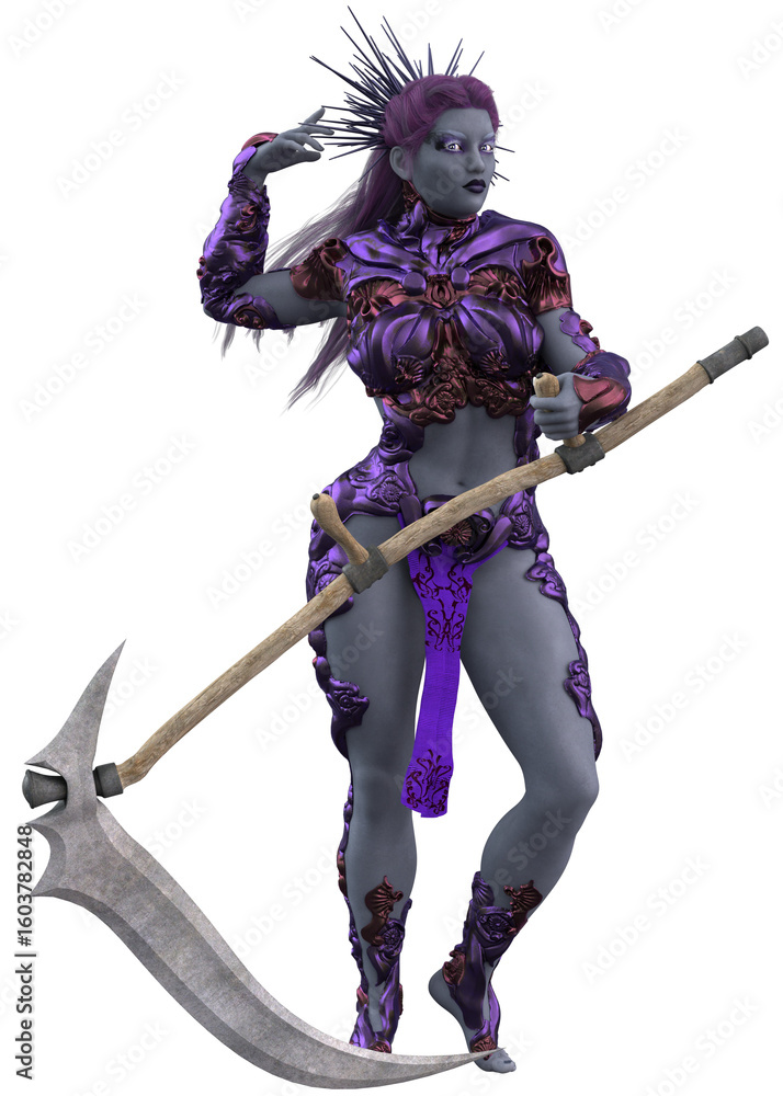 Obraz premium Dynamic 3D illustration of a futuristic female warrior in ornate purple cyber armor, mid-action in a powerful pose. Featuring sci-fi fantasy elements and a fierce, otherworldly design.