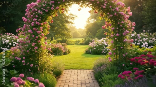 A sunlit garden scene featuring an archway of roses, a brick path, and blooming flowers surrounding a green lawn