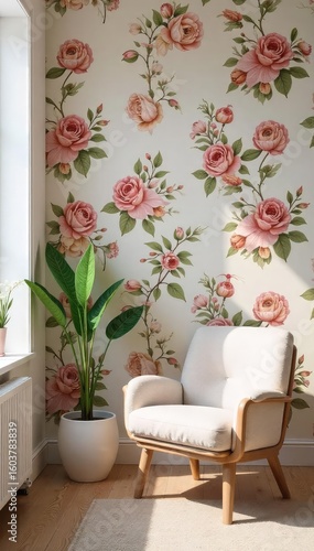Elegant floral wallpaper adorns a sunlit interior, creating a serene and sophisticated atmosphere Perfect for home decor, design blogs, and interior design projects , house, light, chic