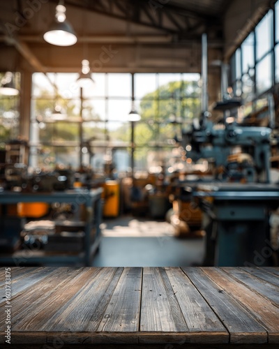 Wallpaper Mural Rustic Wooden Tabletop with Blurred Workshop Background Torontodigital.ca