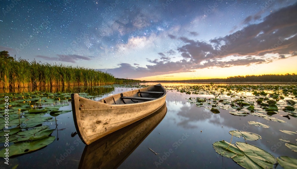 Obraz premium Serene Sunset: Wooden Canoe on Lily Pad Lake under Milky Way.