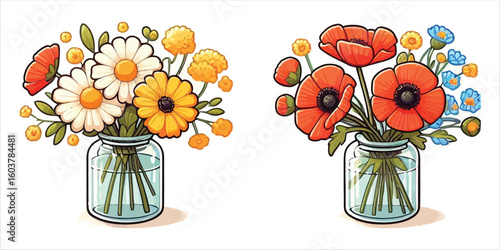 Vector art of two jars of colorful cartoon flowers