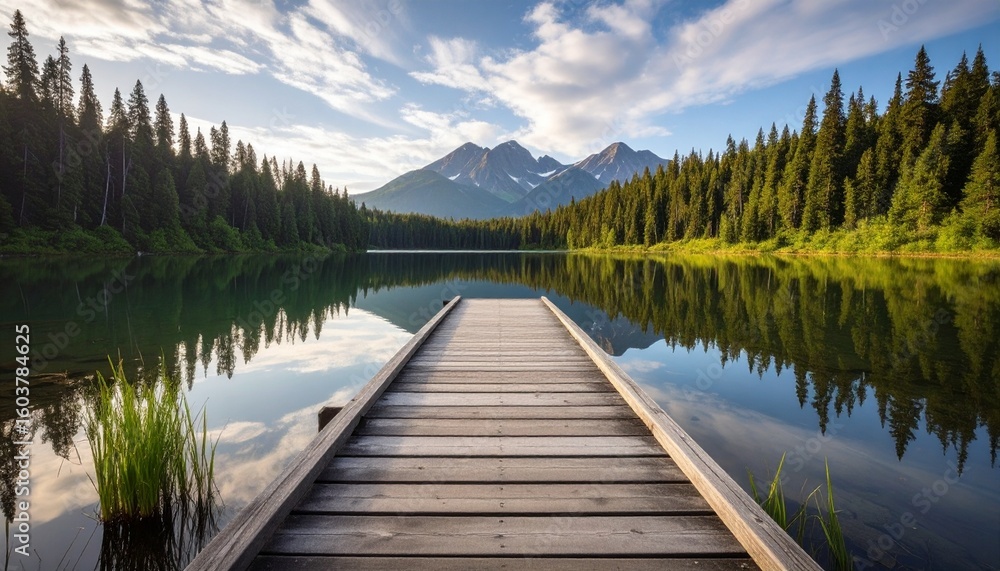 Peaceful Wooden Pier on Calm Lake Reflecting Mountains and Evergreen Forest Under Blue Sky. Peaceful Wooden Pier on Calm Lake Reflecting Mountains and Evergreen Forest Under Blue Sky.