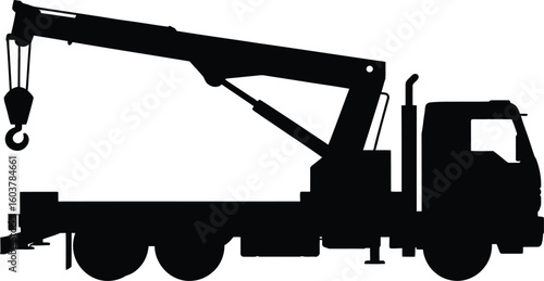 Silhouette of a Boom Truck with Extended Arm a Heavy Duty Vehicle Used for Lifting and Construction Isolated on White Background Ideal for Industrial Designs