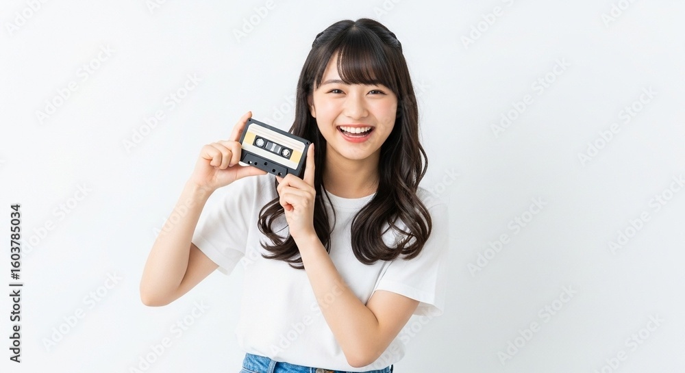 タイムスリップ:カセットテープを持ってほほ笑む昭和レトロな日本人女子高生 タイムスリップ:カセットテープを持ってほほ笑む昭和レトロな日本人女子高生