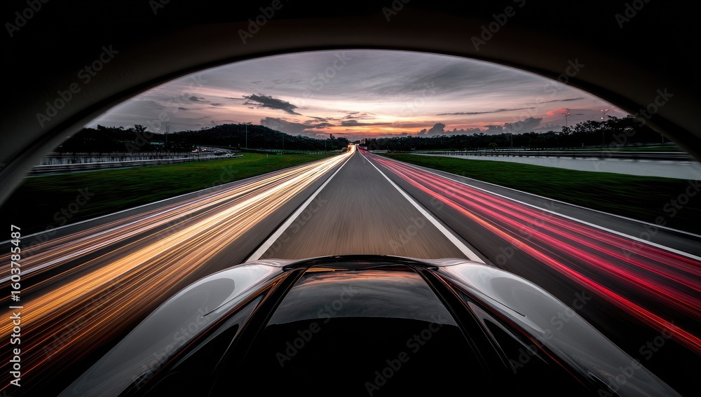 Fototapeta premium Highway vista through a car's windshield at sunset