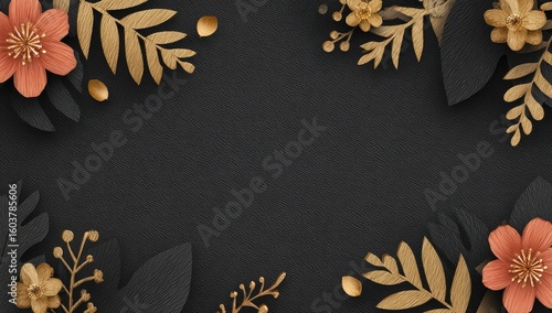 Dark backdrop framed by gold and coral paper flowers and leaves