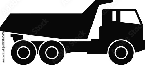 Black and white vector illustration of a dump truck heavy construction equipment for transporting materials isolated on a white background suitable for logos and icons