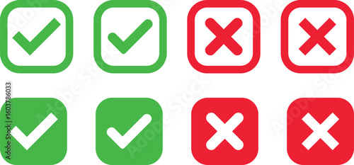 approved icons set. right and wrong buttons. Correct or incorrect vote choice symbol. accept checkmark icons. tick box and  cross symbol

