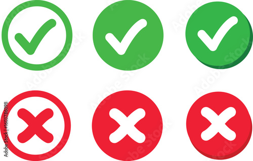 approved icons set. right and wrong buttons. Correct or incorrect vote choice symbol. accept checkmark icons. tick box and  cross symbol
