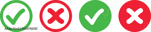 approved icons set. right and wrong buttons. Correct or incorrect vote choice symbol. accept checkmark icons. tick box and  cross symbol
