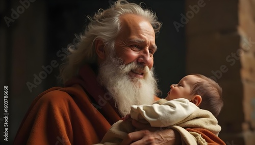 Emotional portrait of the elderly Simeon holding the baby Jesus in the Temple, his face filled with joyful tears and thanks. Biblical scene of the Nunc Dimittis.

