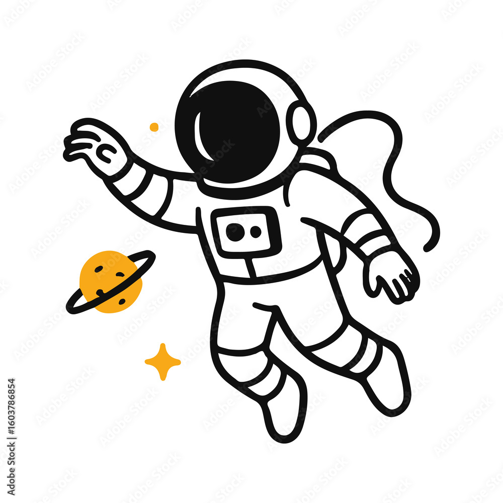 Obraz premium Vector illustration of an astronaut floating near a planet with a ring. Minimal black and white line art with yellow accents. Symbol of exploration, cosmic travel, and futuristic discovery