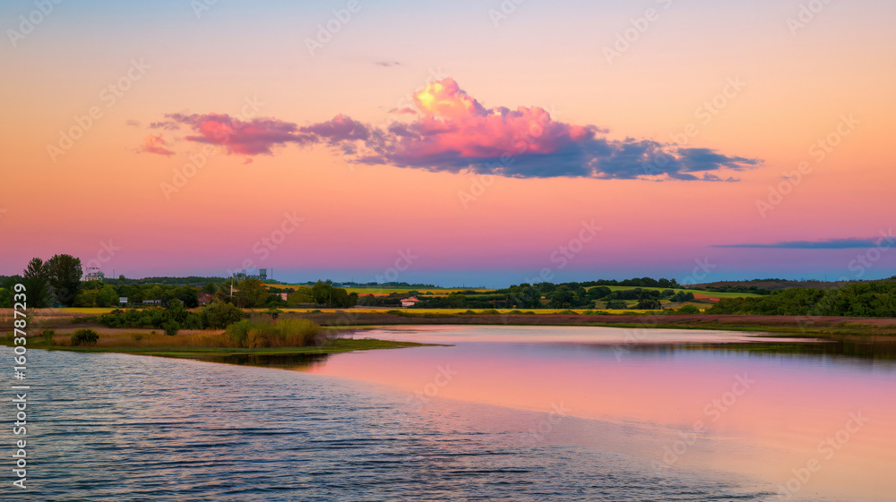 Fototapeta premium Beautiful lake landscape sunset reflection scenic water peaceful nature