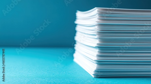 A stack of white paper sheets on a blue background. The papers are neatly arranged and appear clean and crisp.