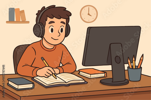 A boy online studying on the computer 