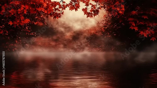 Red Autumnal Forest Scene with Mist