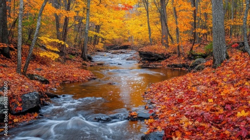 A fiery canopy of red, orange, and gold foliage in a forest during peak autumn.