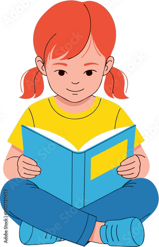 Charming illustration of a young girl with red hair sitting cross-legged, absorbed in reading a book, a concept of childhood learning, literature, and imagination.
