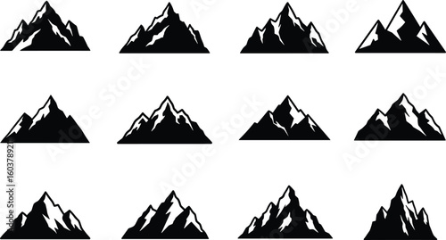 Black mountain vector icons, silhouette peaks, minimal nature clipart, adventure design elements, outdoor hiking shapes, alpine ridge graphic set