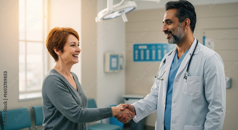 Fototapeta premium Happy woman patient shaking hands with smiling male doctor in modern medical clinic with bright lighting. Healthcare professional greeting female in hospital treatment room. Medical care concept