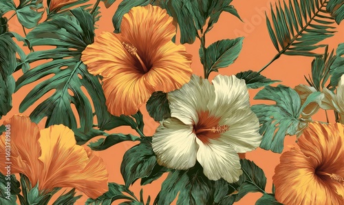 Wallpaper Mural Floral tropical pattern with hibiscus and leaves Torontodigital.ca