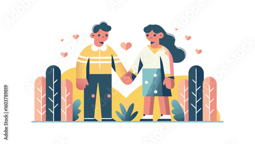 Flat vector illustration of couple holding hands with hearts, cheerful mood, Valentine's Day and romance concept, nature background