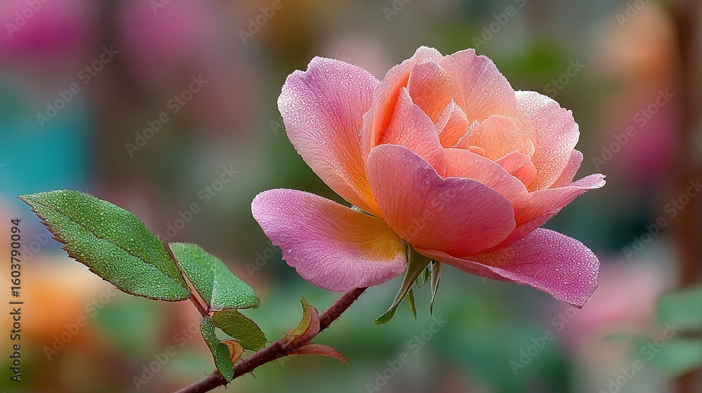 Fototapeta premium A vibrant, dew-kissed rose in soft pinks and oranges.