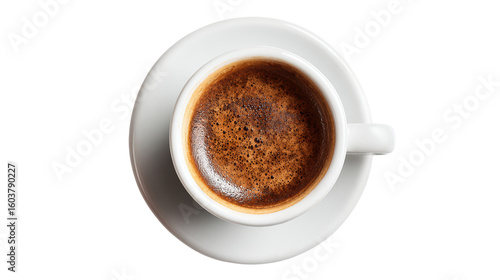 A top view of a cup of coffee on a white background, showcasing rich crema and dark brew.