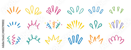 sunburst, doodle sun rays colorful lines. Cute funny hand drawn lines showing concentrated lines set, awareness, inspiration and surprises