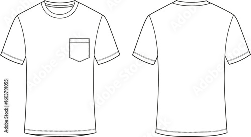 Flat sketch of classic round neck t-shirt with chest pocket, short sleeves, front and back view, technical vector drawing