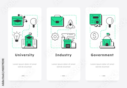 Triple helix model mobile app onboarding screens. Innovation management. Organization development strategy. Flat UI UX design, green highlight with outline icons conceptual. Lexend font used