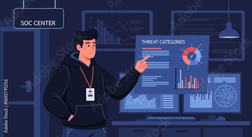 Security Analyst Presenting Threat Categories Data In Soc Center