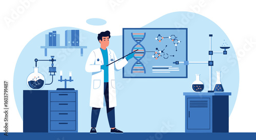 Scientist Explaining Dna In Laboratory Showing Scientific Discoveries