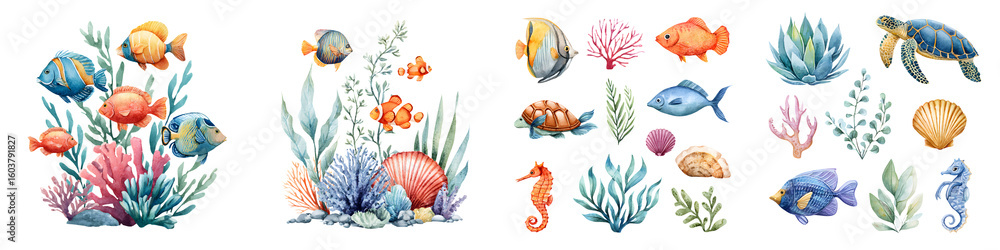Fototapeta premium Watercolor Sea Life and Coral Reef Illustration on White