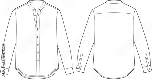 Long sleeve band collar shirt vector, button-up front view, cuff detail, back yoke design, fashion flat sketch, technical drawing
