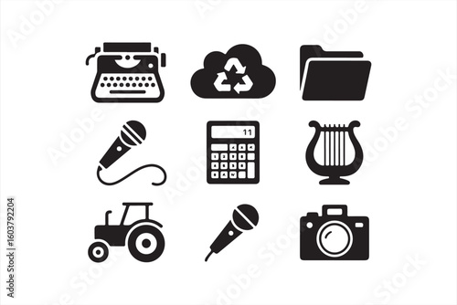 Set of Minimalist Icons: Typewriter, Microphone, Calculator & More
