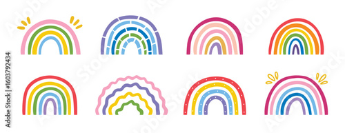 Hand drawn rainbow doodle set colorful line art design