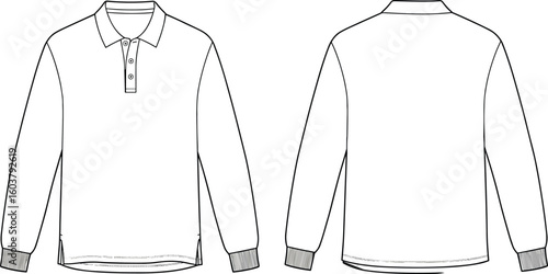 Long sleeve polo shirt with ribbed cuffs and button placket, flat sketch, technical fashion drawing, front and back view vector