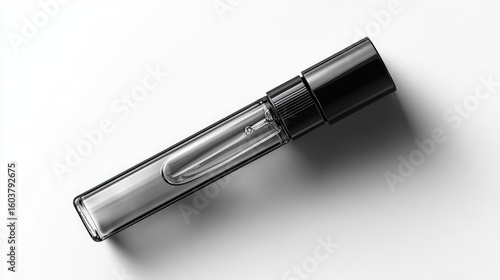 Elegant Perfume Sample: Close-up of a Glass Vial with Black Cap on White Background