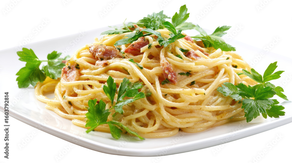 Delicious spaghetti dish garnished with fresh parsley, isolated on a white background. Delicious spaghetti dish garnished with fresh parsley, isolated on a white background.