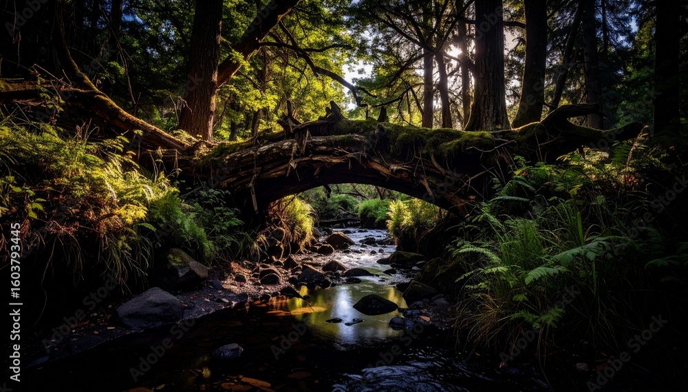 Naklejka premium Fallen Log Bridge Over a Forest Creek.