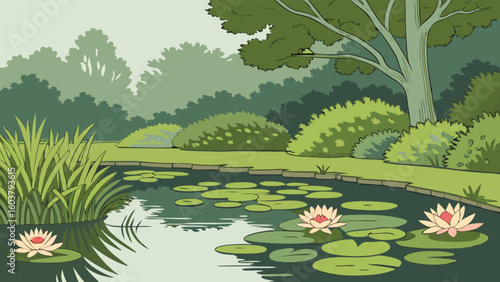 A serene pond featuring water lilies and lush greenery surrounded by trees and bushes in a garden